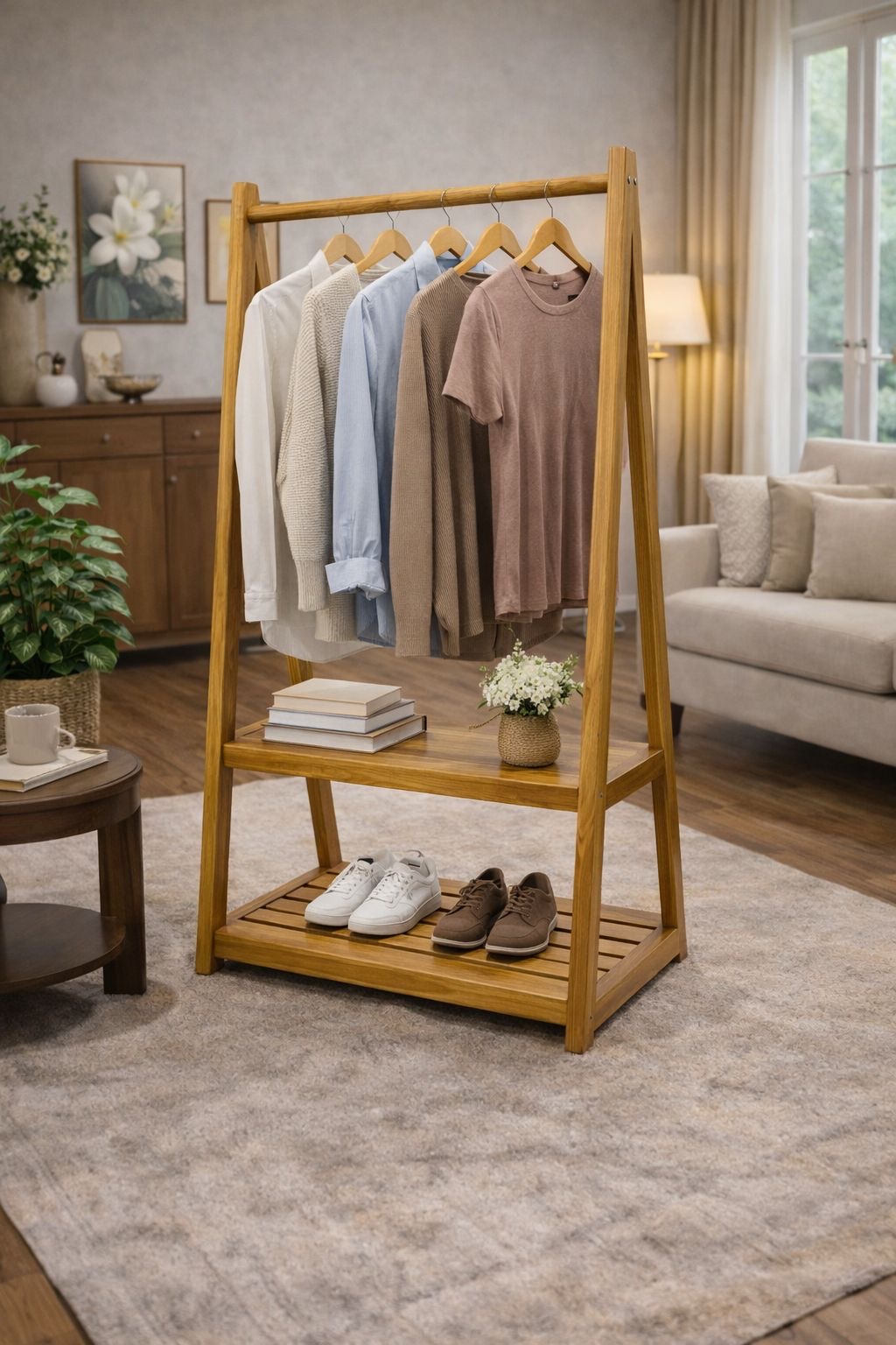 wooden garment rack