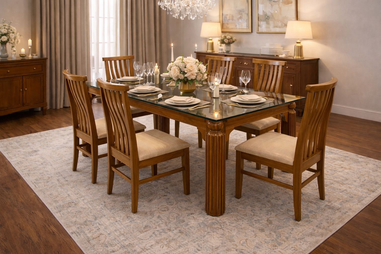 6 seater glass top with beige chairs