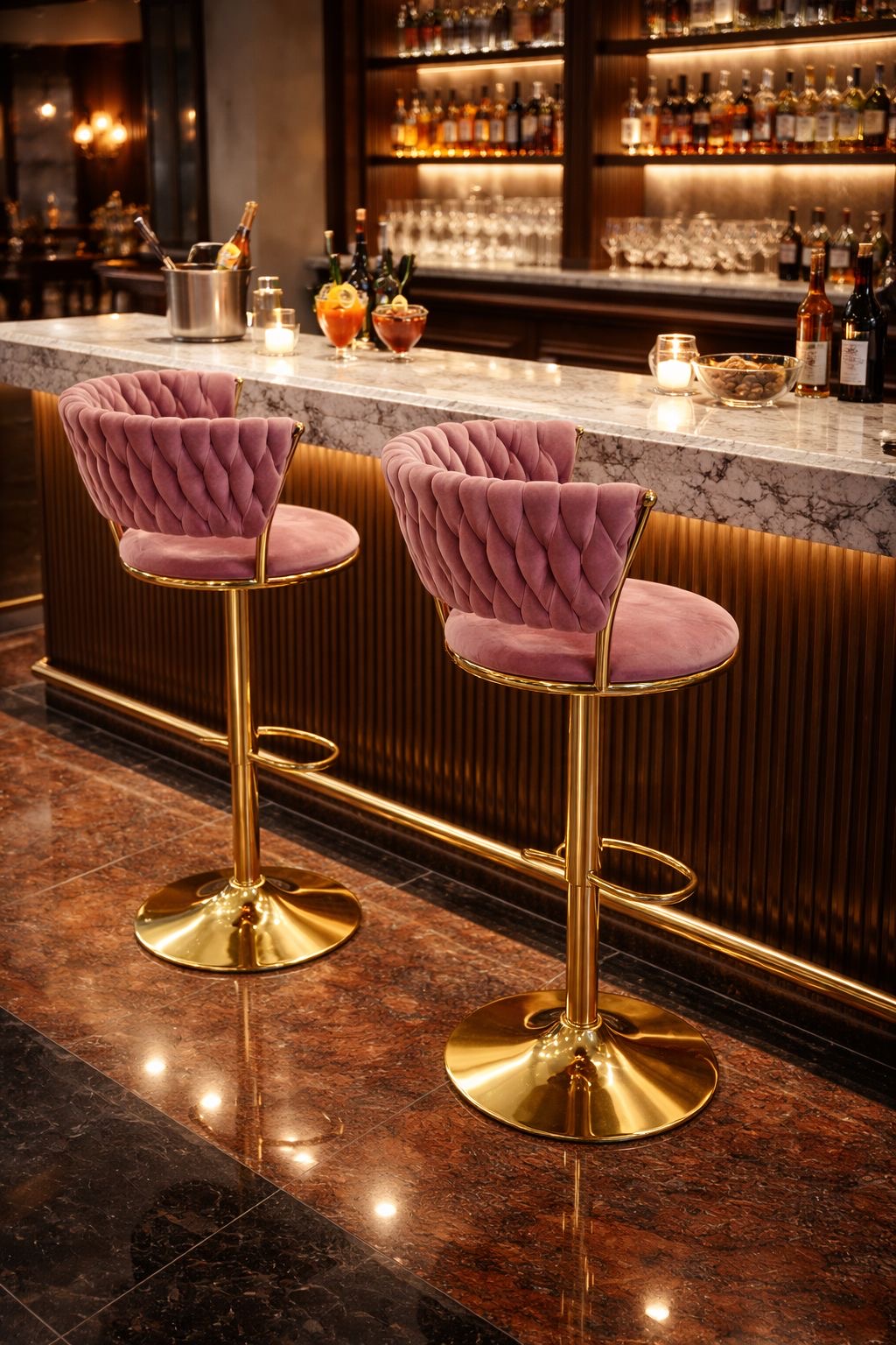 pink velvet bar stools (with gold metallic bases).