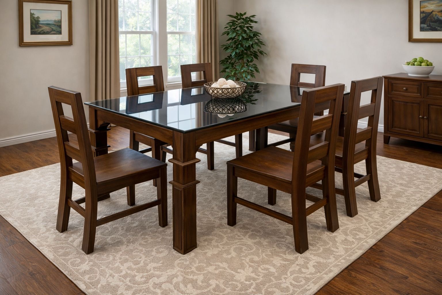 Glass top 6 seater wooden chairs