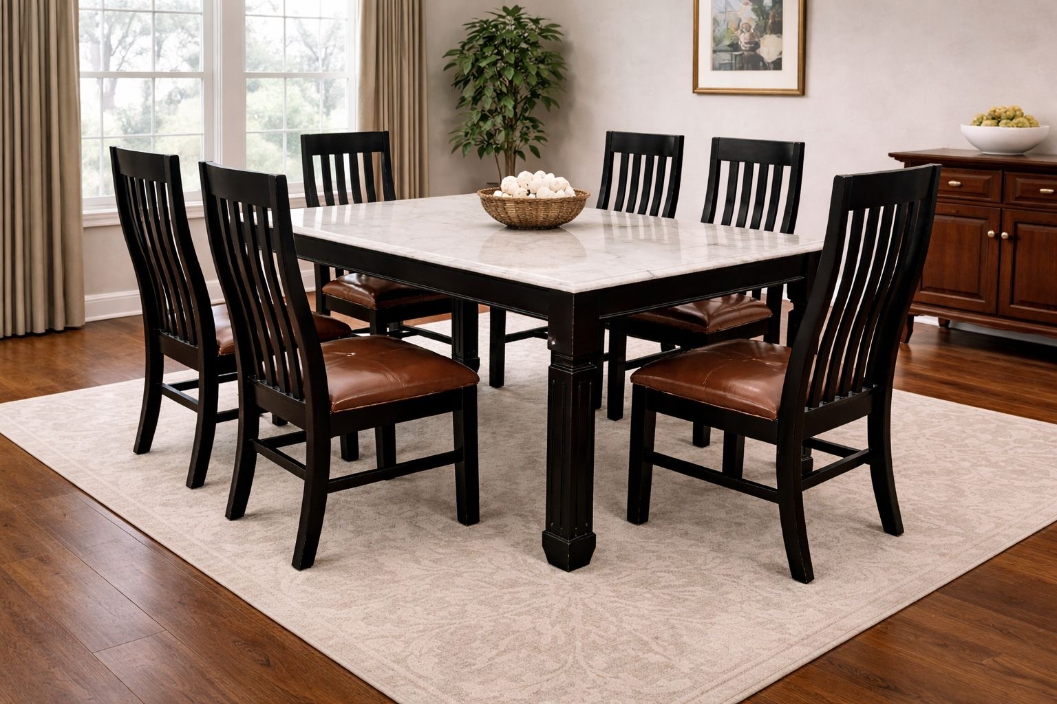 black frame with white marble and brown cushion