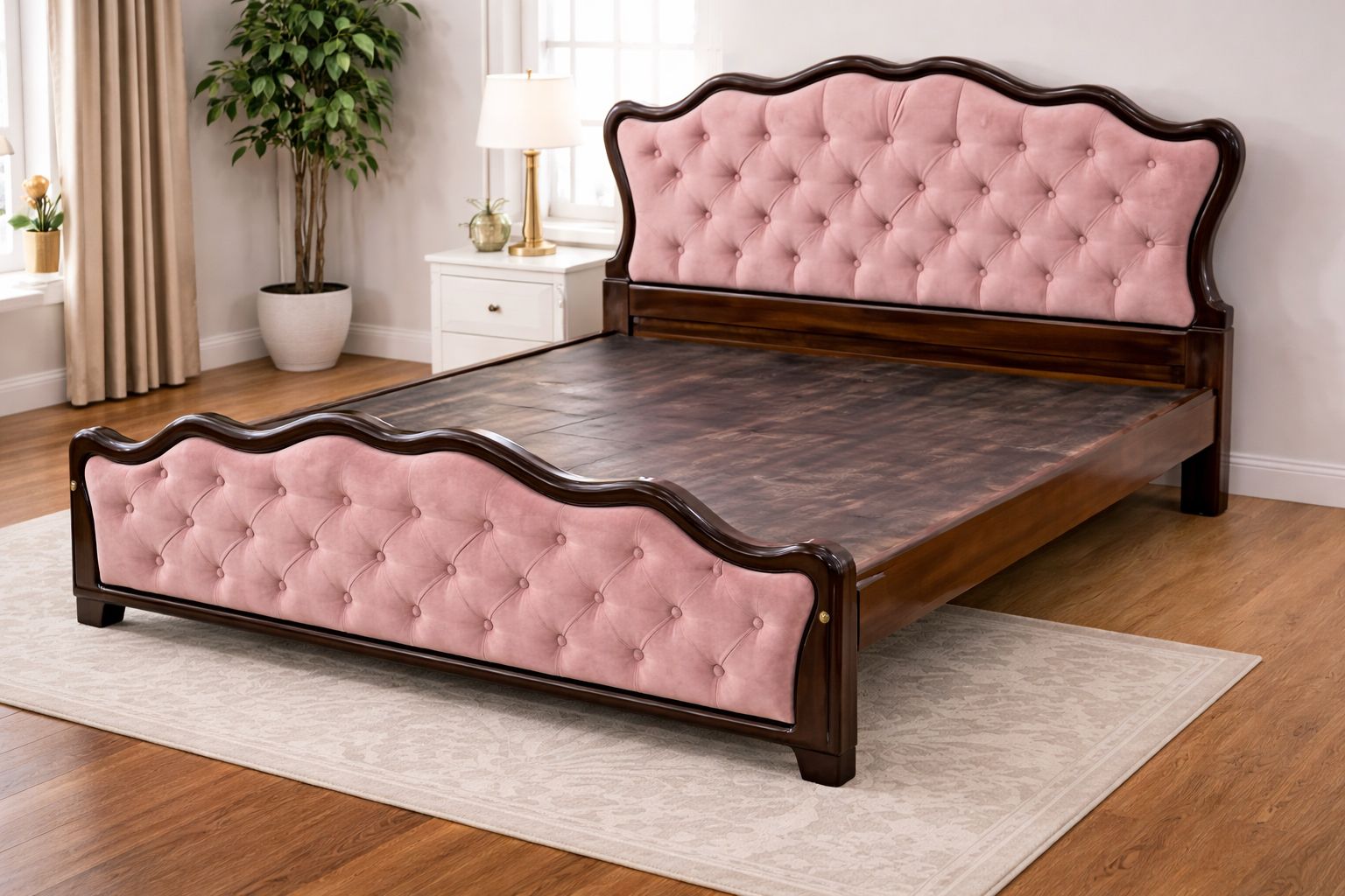 tufted pink upholstered bed with a dark wooden frame.