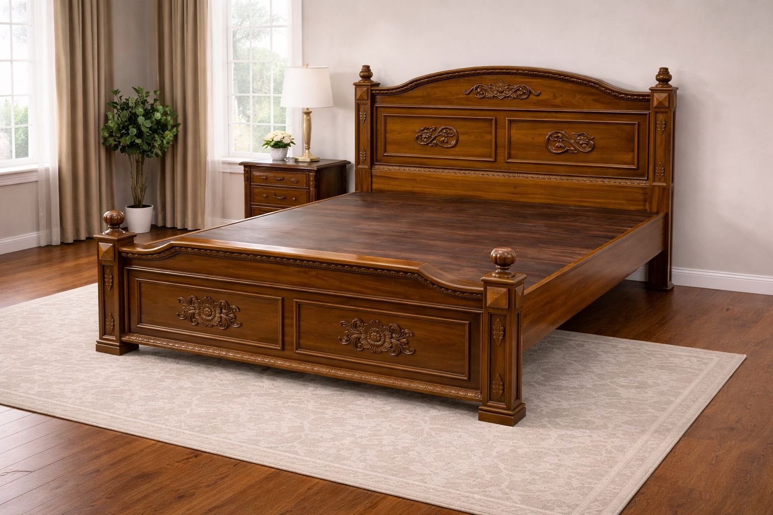 classic wooden platform bed with an ornate headboard and footboard typically styled in a traditional