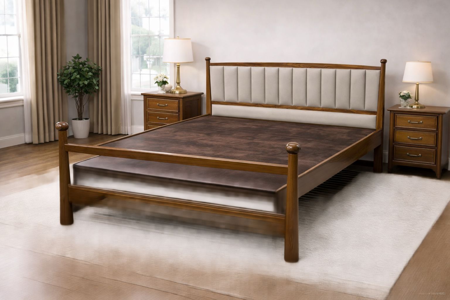 wooden bed frame with an upholstered headboard.