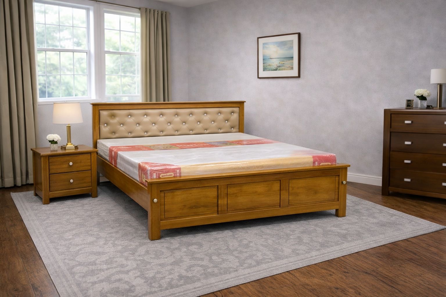 tufted headboard wooden bed with a medium brown wood finish