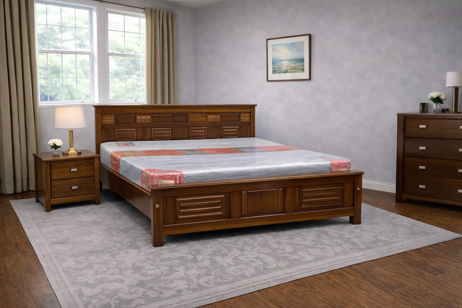 panelled wooden bed with decorative rectangular inserts on the headboard and footboard