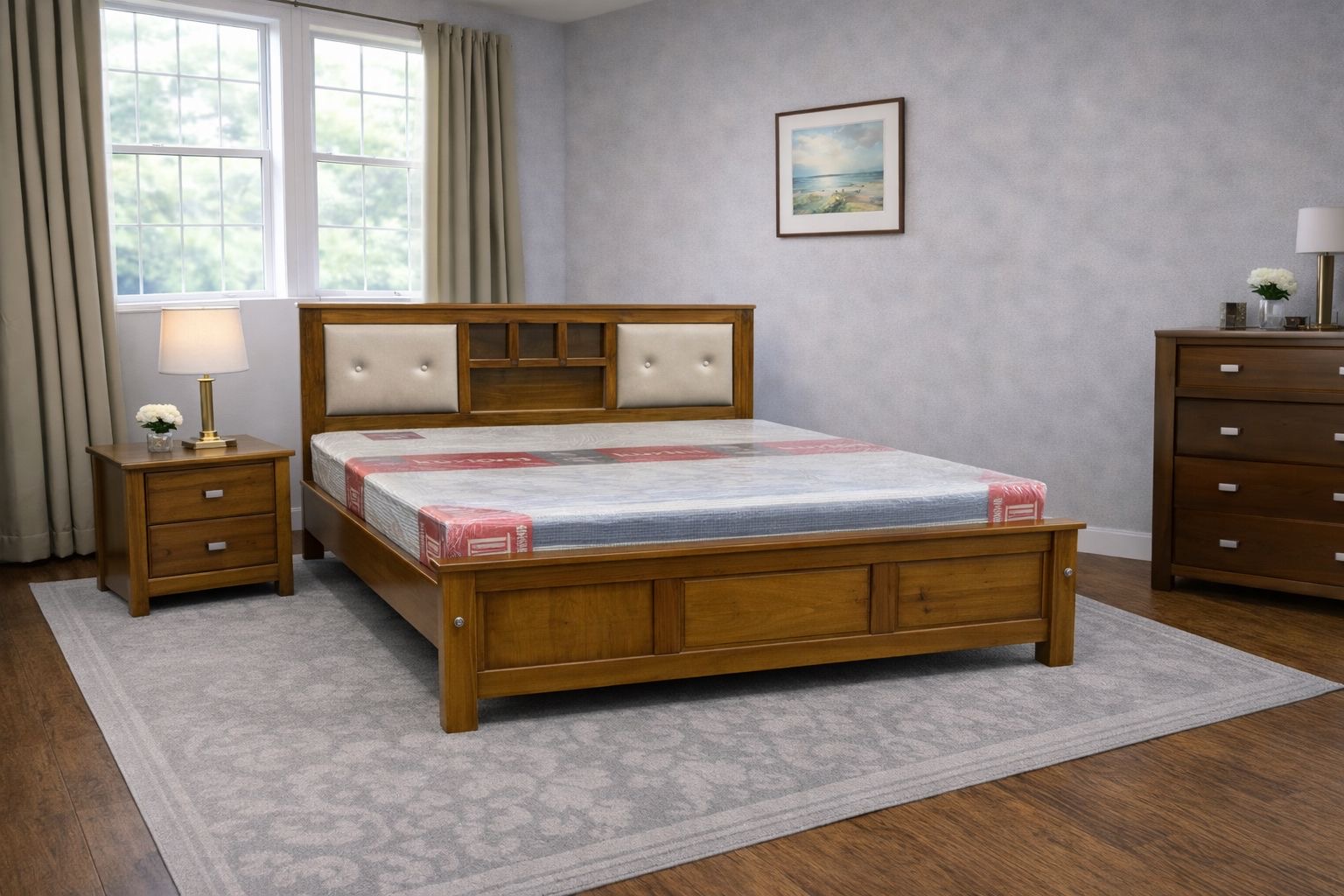 engineered wood platform bed with headboard shelves