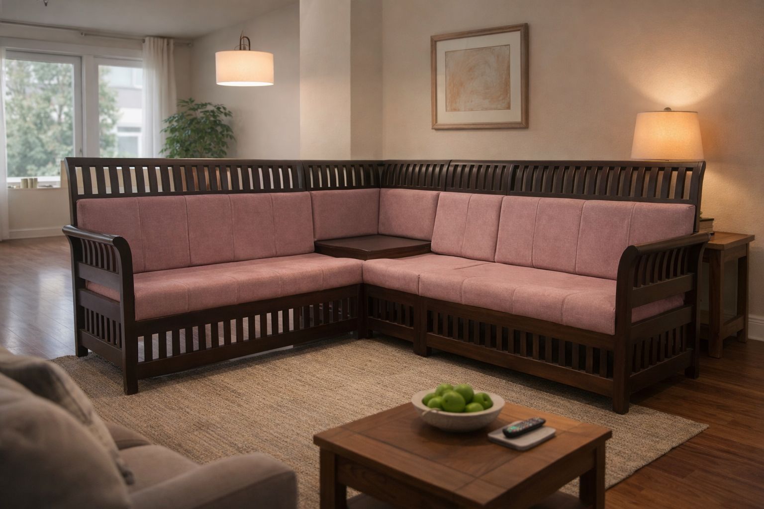 wooden corner sectional sofa with pink cushions.
