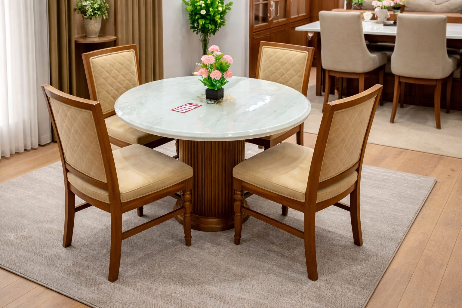 4-Seater Round Marble Top Dining Table with Wooden Chairs