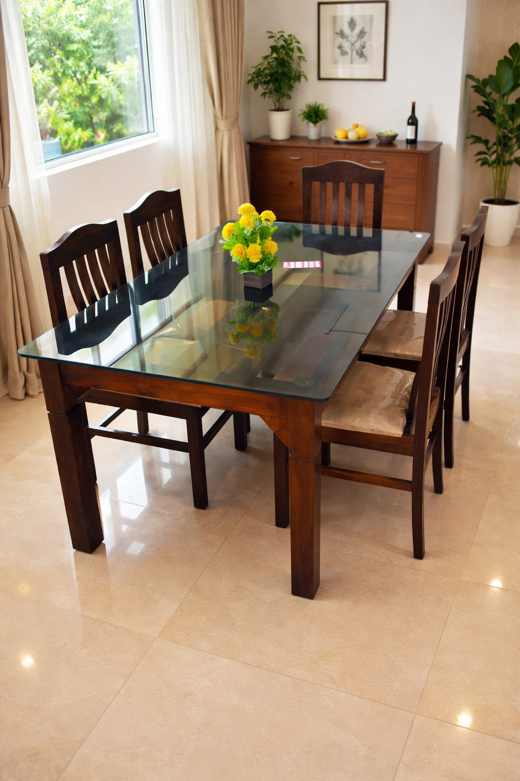 BLACK GLASS TOP WITH BEIGE CHAIRS