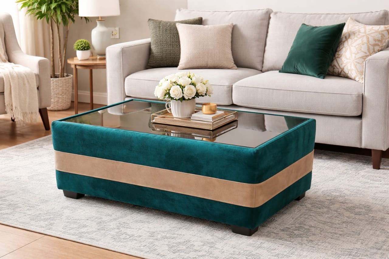 RECTANGULAR GLASS TOP VELVET ACCENTED TEPOY