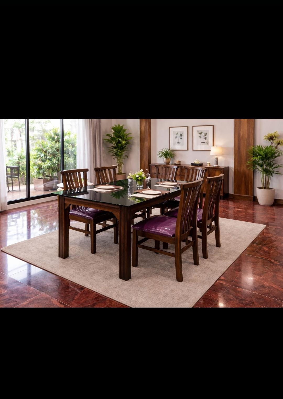 6-Seater Black Glass Top Wooden Dining Set